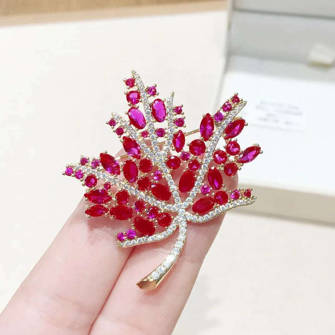 Vintage Maple Leaf Brooch with Red Crystals