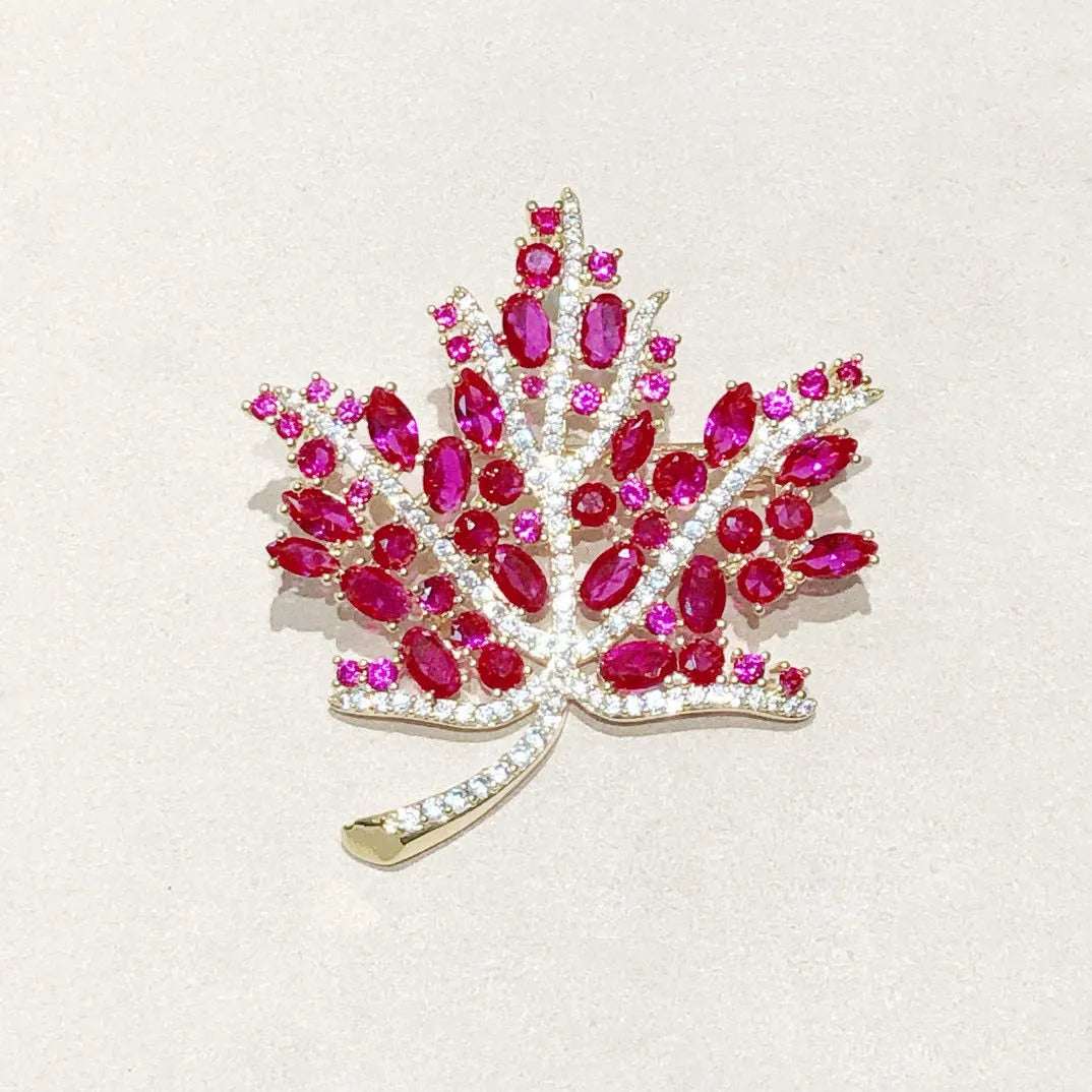 Vintage Maple Leaf Brooch with Red Crystals