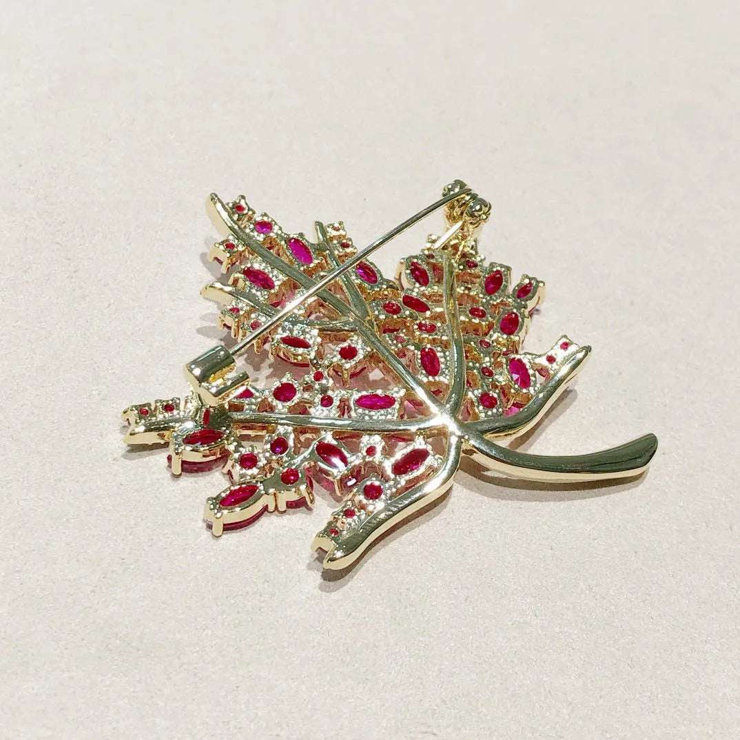Vintage Maple Leaf Brooch with Red Crystals