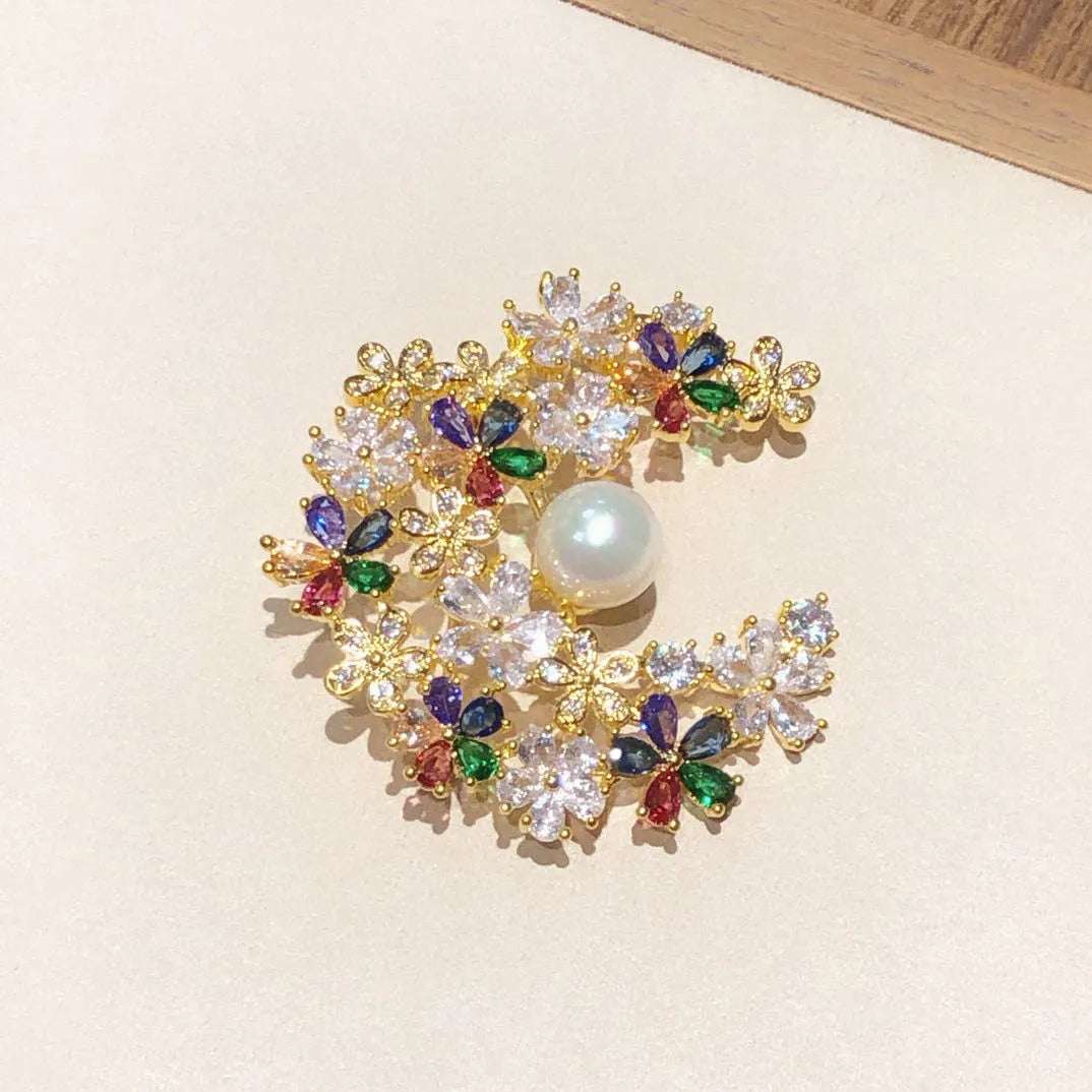 Iridescent Crystal Moon Brooch