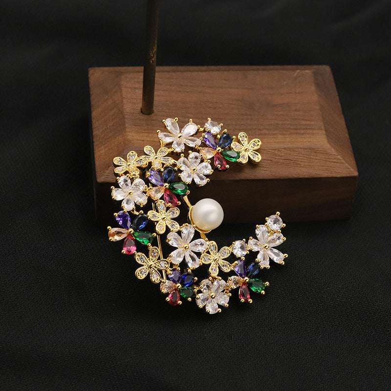 Iridescent Crystal Moon Brooch