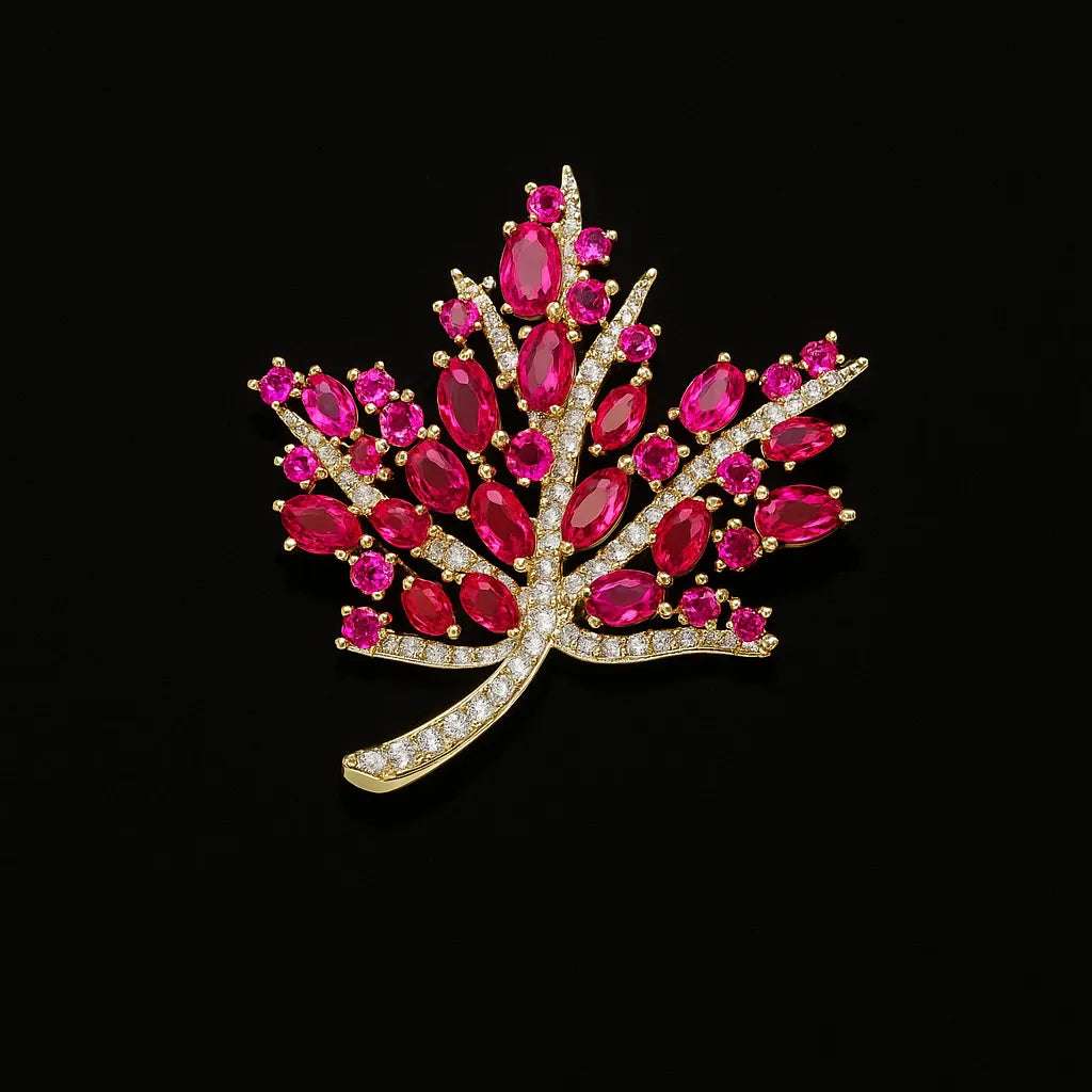 Vintage Maple Leaf Brooch with Red Crystals
